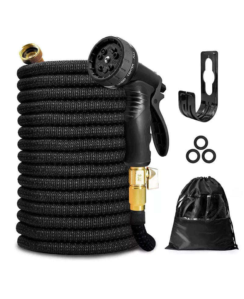 25' Expandable Water Garden Hose: 10 Spray Nozzles, Solid Brass Connector, Leak-Proof Design