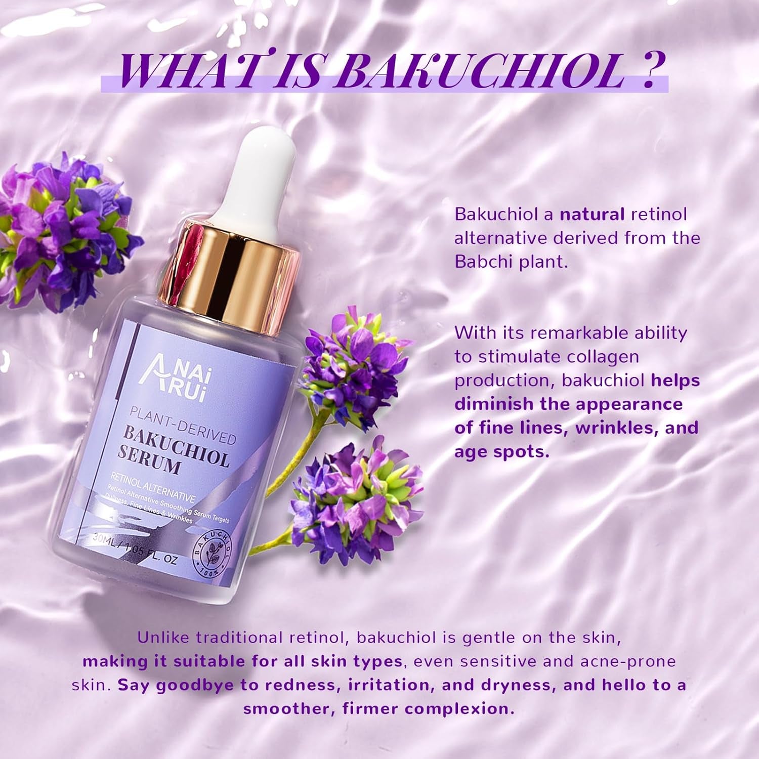 ANAI RUI Bakuchiol Face Serum - Anti-Aging & Wrinkle Solution with Hyaluronic Acid & Peptides for Sensitive Skin, 1 Fl. Oz