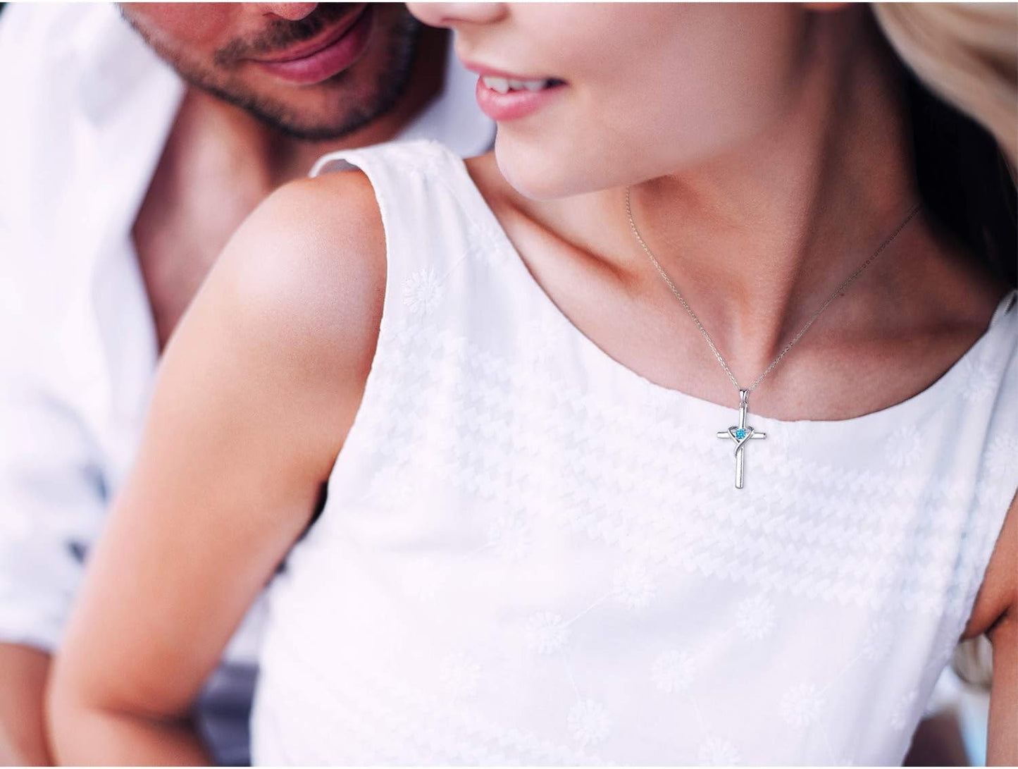Amoraime 925 Sterling Silver Cross Necklace - 14K Gold Plated Birthstone & 5A CZ Rose Gold Jewelry for Easter & Christmas Gifts for Him & Her