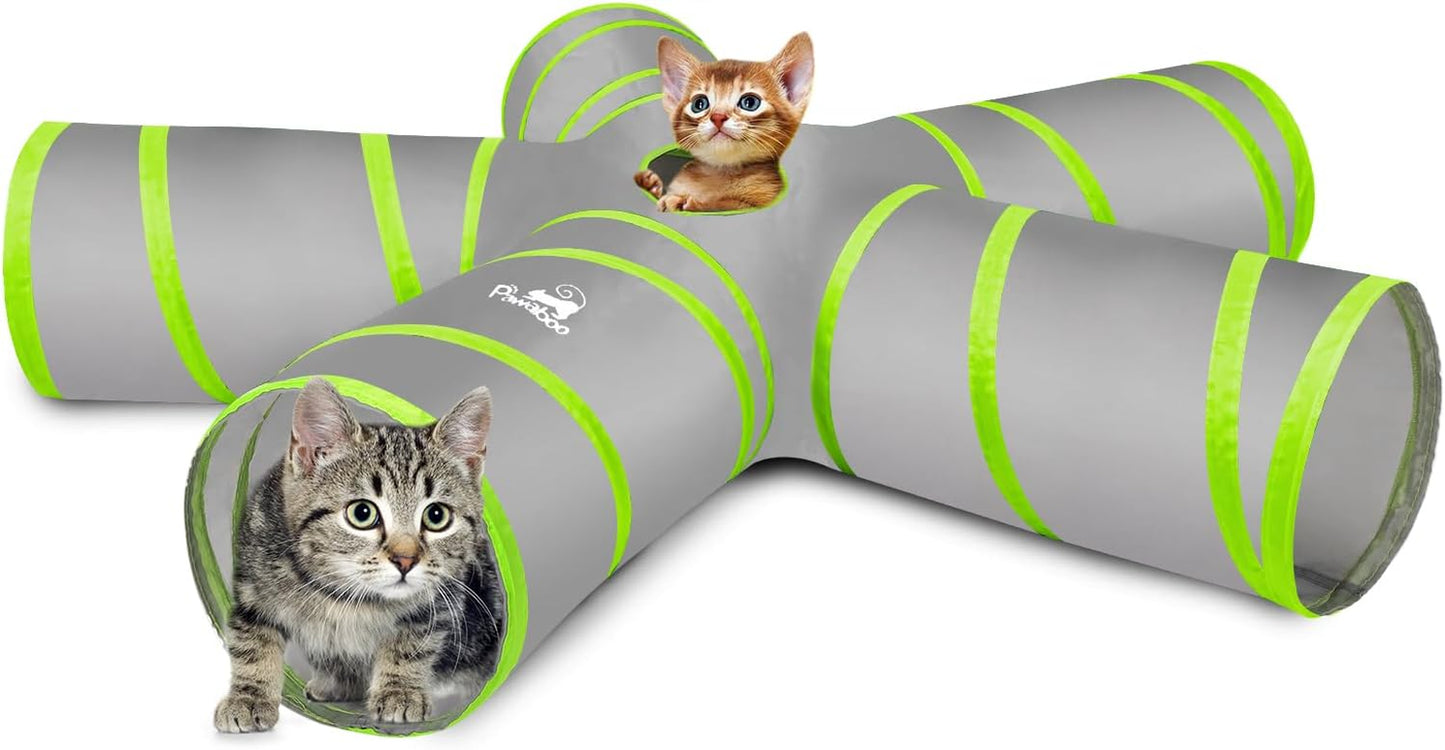 PAWABOO 4-Way Cat Tunnel - Premium Collapsible Play Maze with Pompons & Bells for Cats, Kittens, and Small Pets - Stylish Black & Light Blue Design