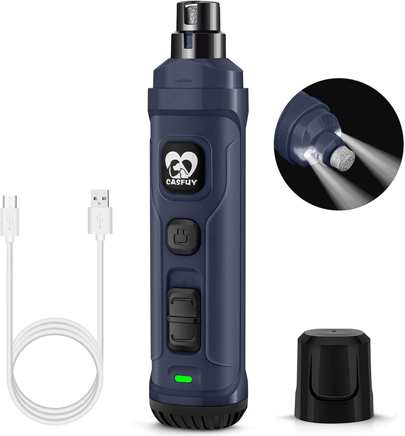Casfuy 2-Speed Electric Dog Nail Grinder with LED Light - Professional & Quiet Pet Nail Trimmer for All Sizes of Dogs and Cats (Grey)