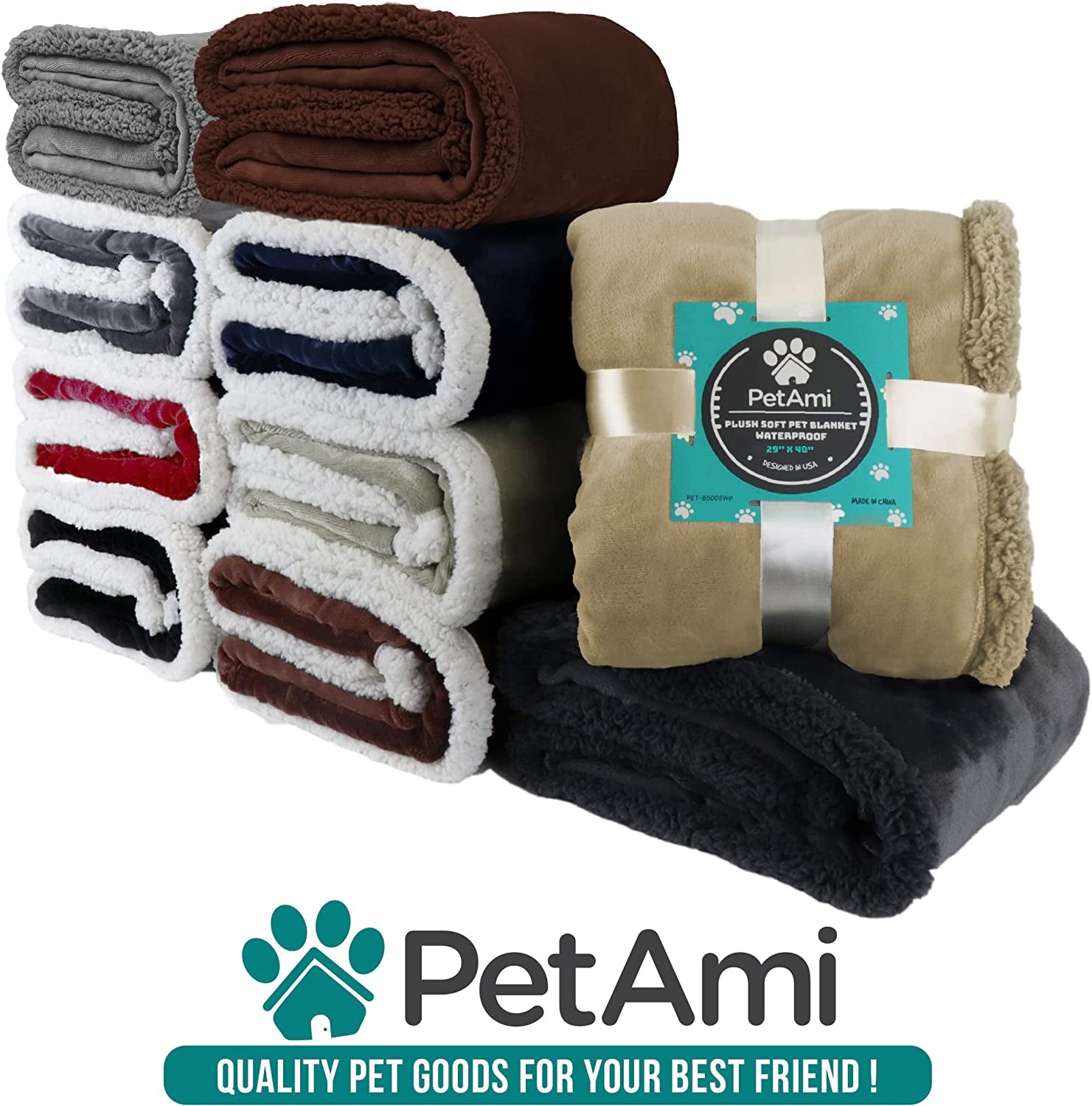 Petami Waterproof Dog Blanket - Reversible Sherpa Fleece Throw for Medium to Large Dogs & Cats - Leakproof Couch Cover, Soft & Washable 60x40 in Taupe