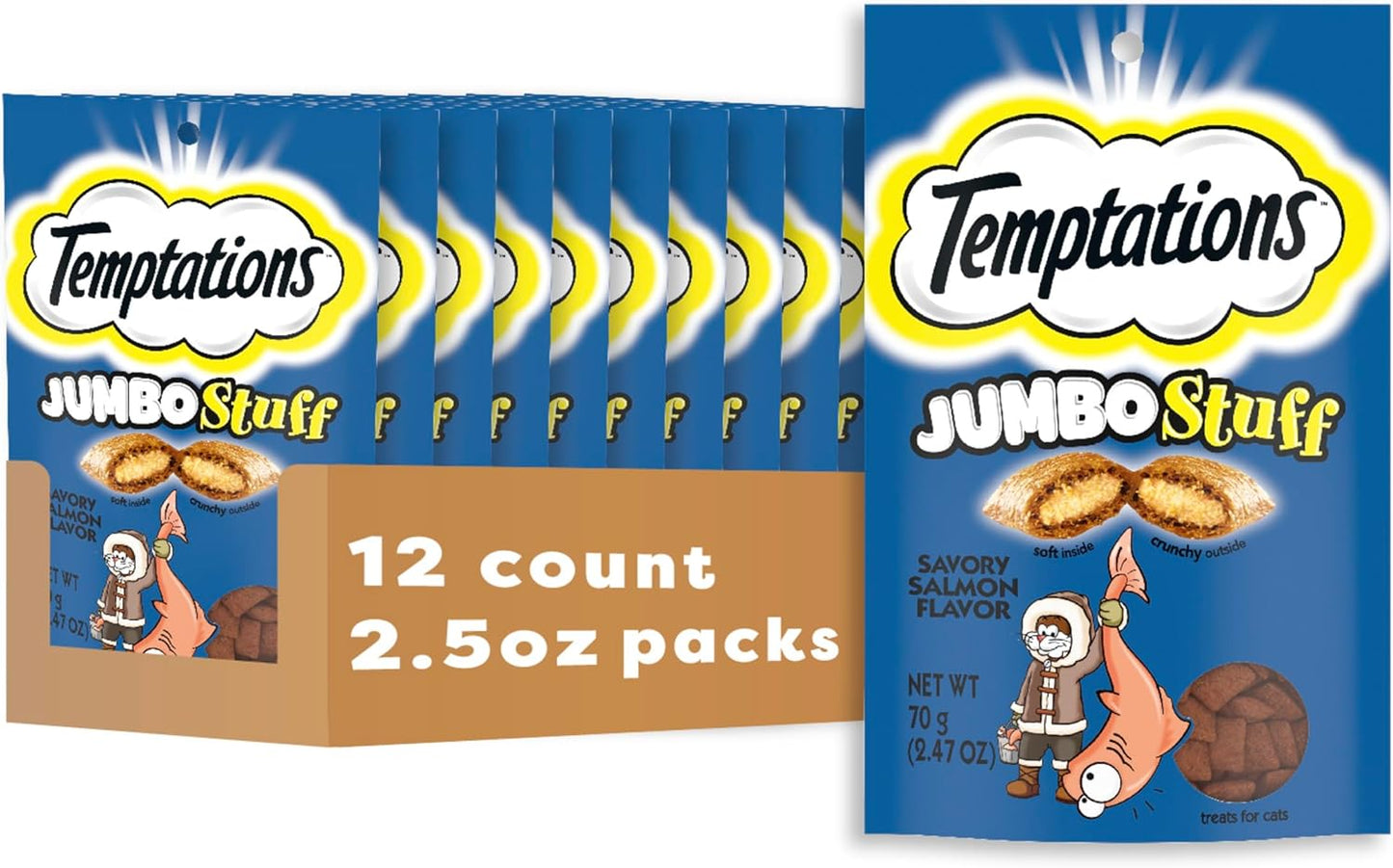 Temptations Jumbo Stuff Cat Treats - Savory Salmon Flavor, 5.3 Oz Pouch (Pack of 10) - Irresistibly Crunchy & Soft!
