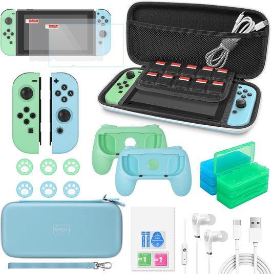 Ultimate 26-in-1 Animal Crossing Accessories Bundle for Nintendo Switch - Complete Set with Carrying Case, Screen Protector, Hand Grips, Steering Wheels, Joycon Silicone Case, Game Card Case, Type-C Cable, and Thumb Caps!