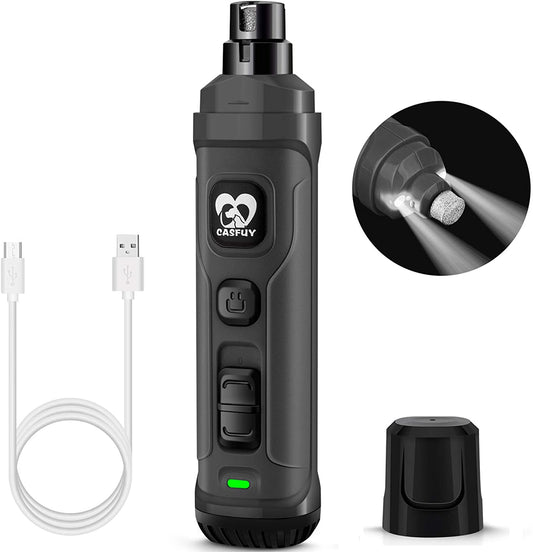 Casfuy 2-Speed Electric Dog Nail Grinder with LED Light - Professional & Quiet Pet Nail Trimmer for All Sizes of Dogs and Cats (Grey)