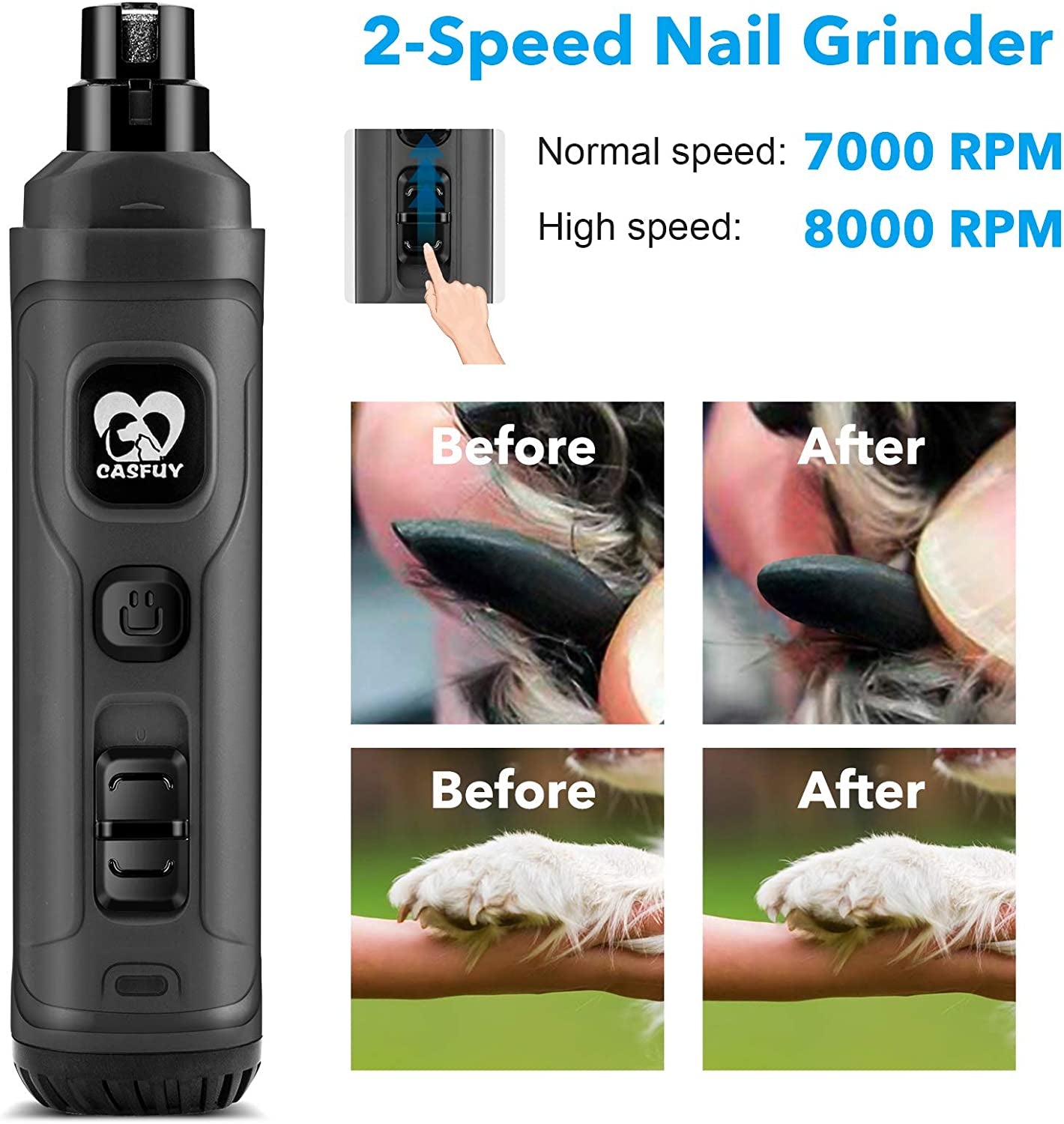 Casfuy 2-Speed Electric Dog Nail Grinder with LED Light - Professional & Quiet Pet Nail Trimmer for All Sizes of Dogs and Cats (Grey)