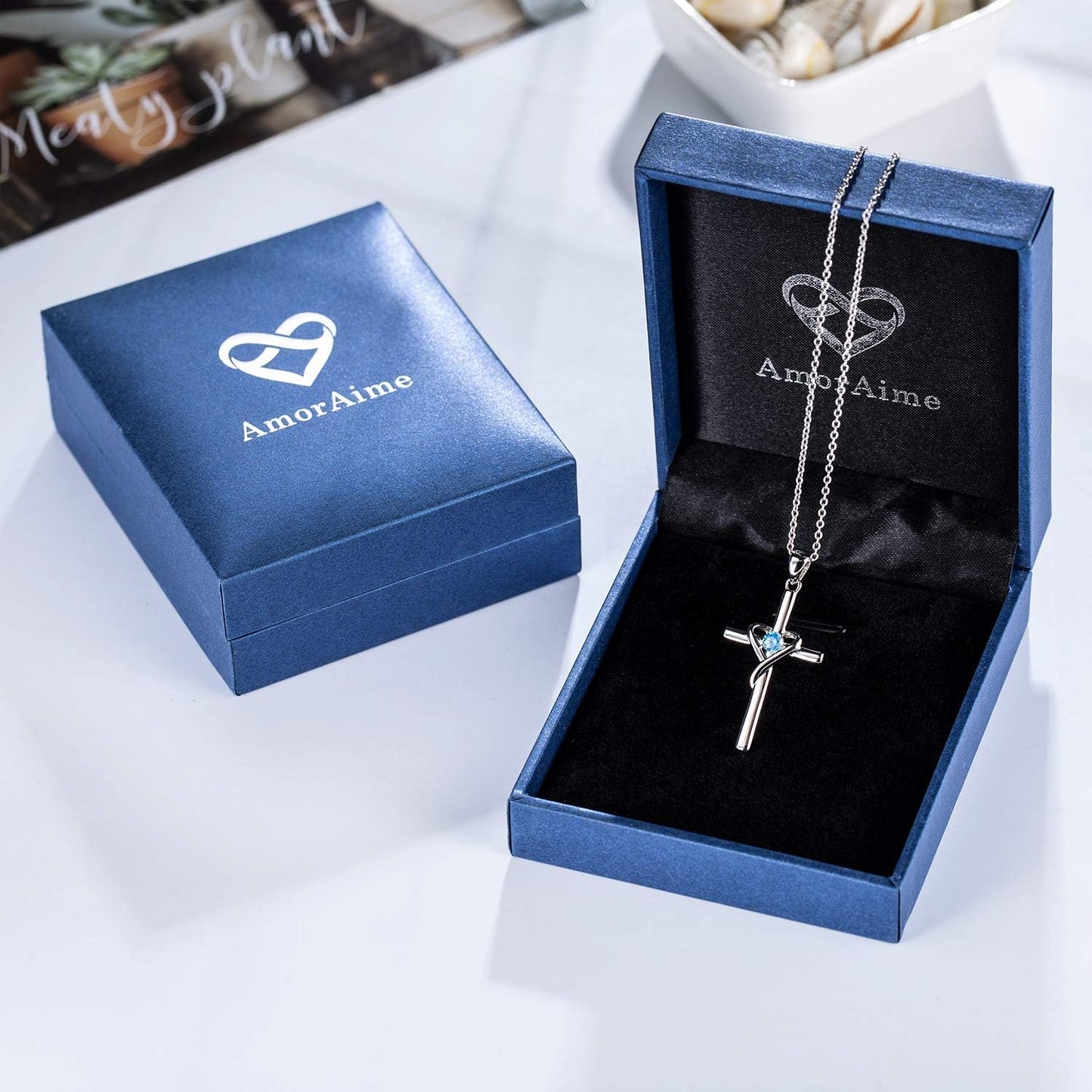 Amoraime 925 Sterling Silver Cross Necklace - 14K Gold Plated Birthstone & 5A CZ Rose Gold Jewelry for Easter & Christmas Gifts for Him & Her