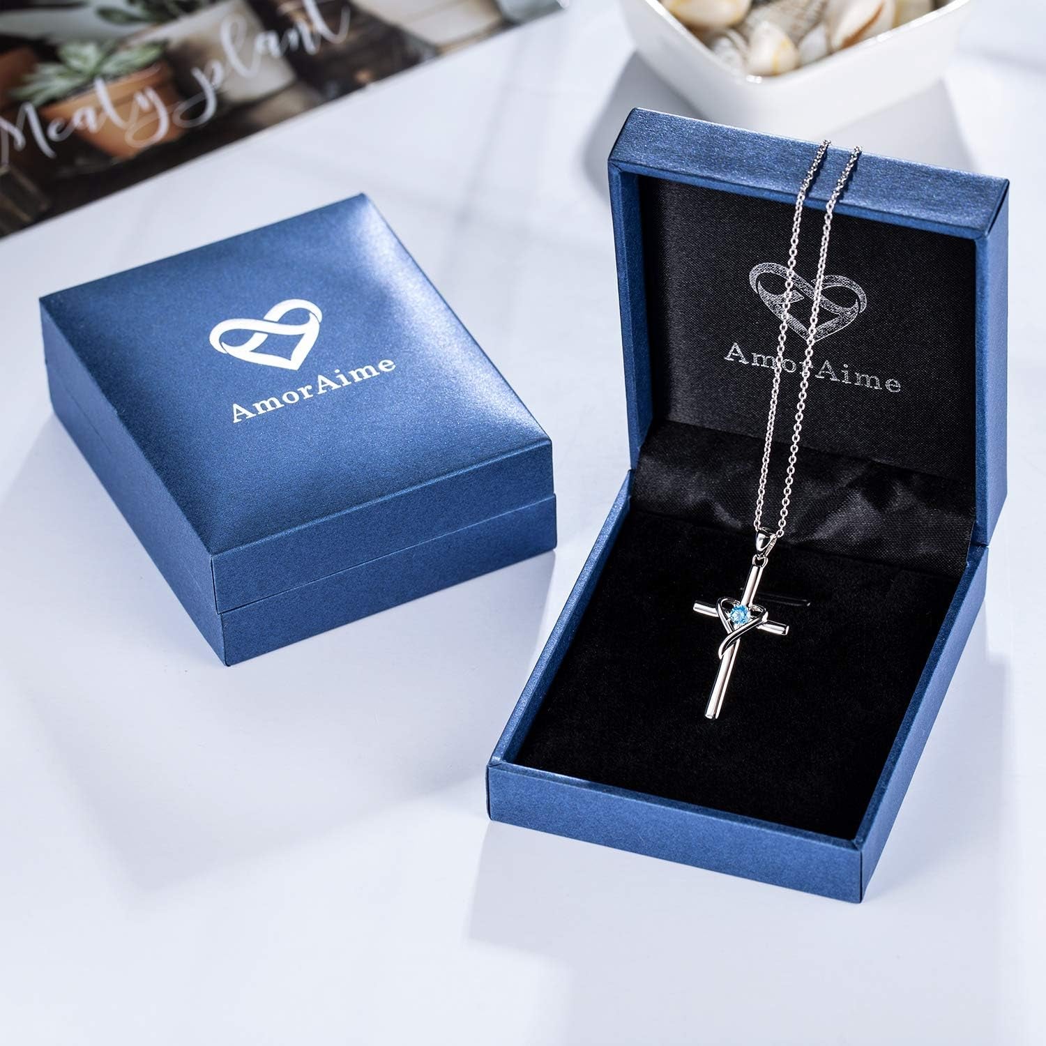 Amoraime 925 Sterling Silver Cross Necklace - 14K Gold Plated Birthstone & 5A CZ Rose Gold Jewelry for Easter & Christmas Gifts for Him & Her
